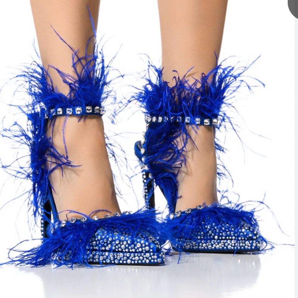 Azalea Wang Electric Blue Feathered  and Diamond Stiletto Heels